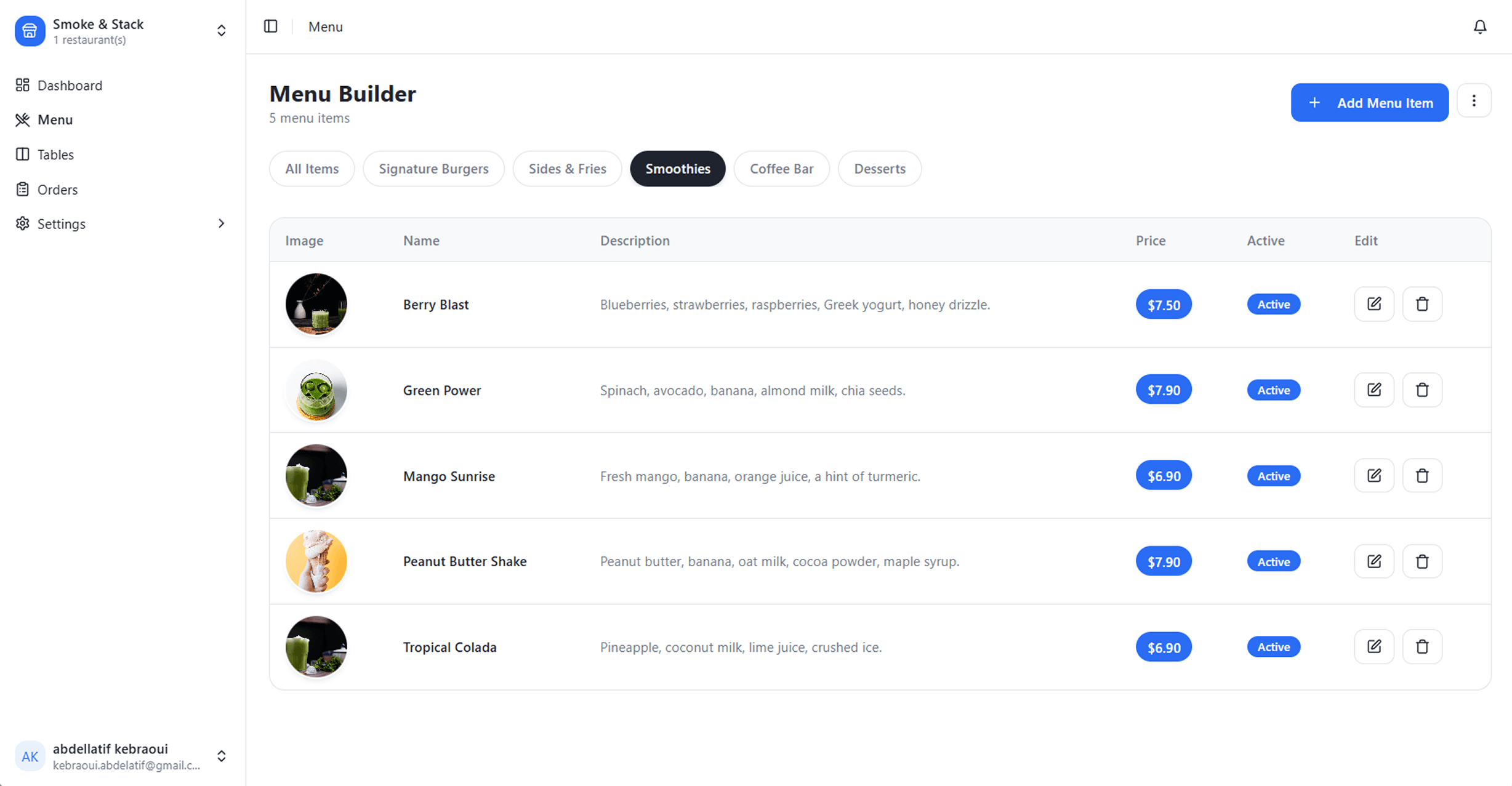 Menu builder with category tabs, item list, prices, and edit controls
