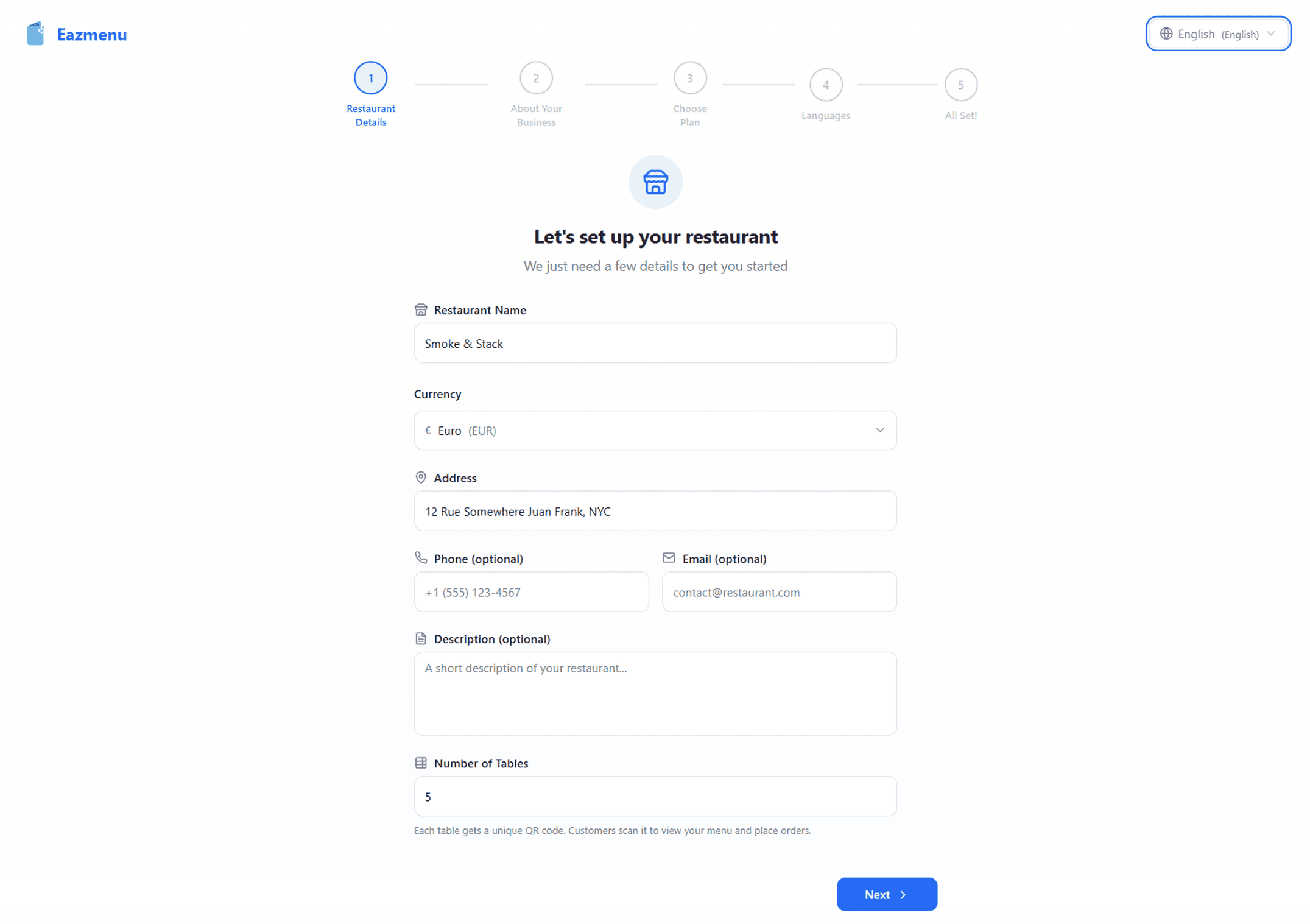 Restaurant onboarding wizard with setup steps and form fields