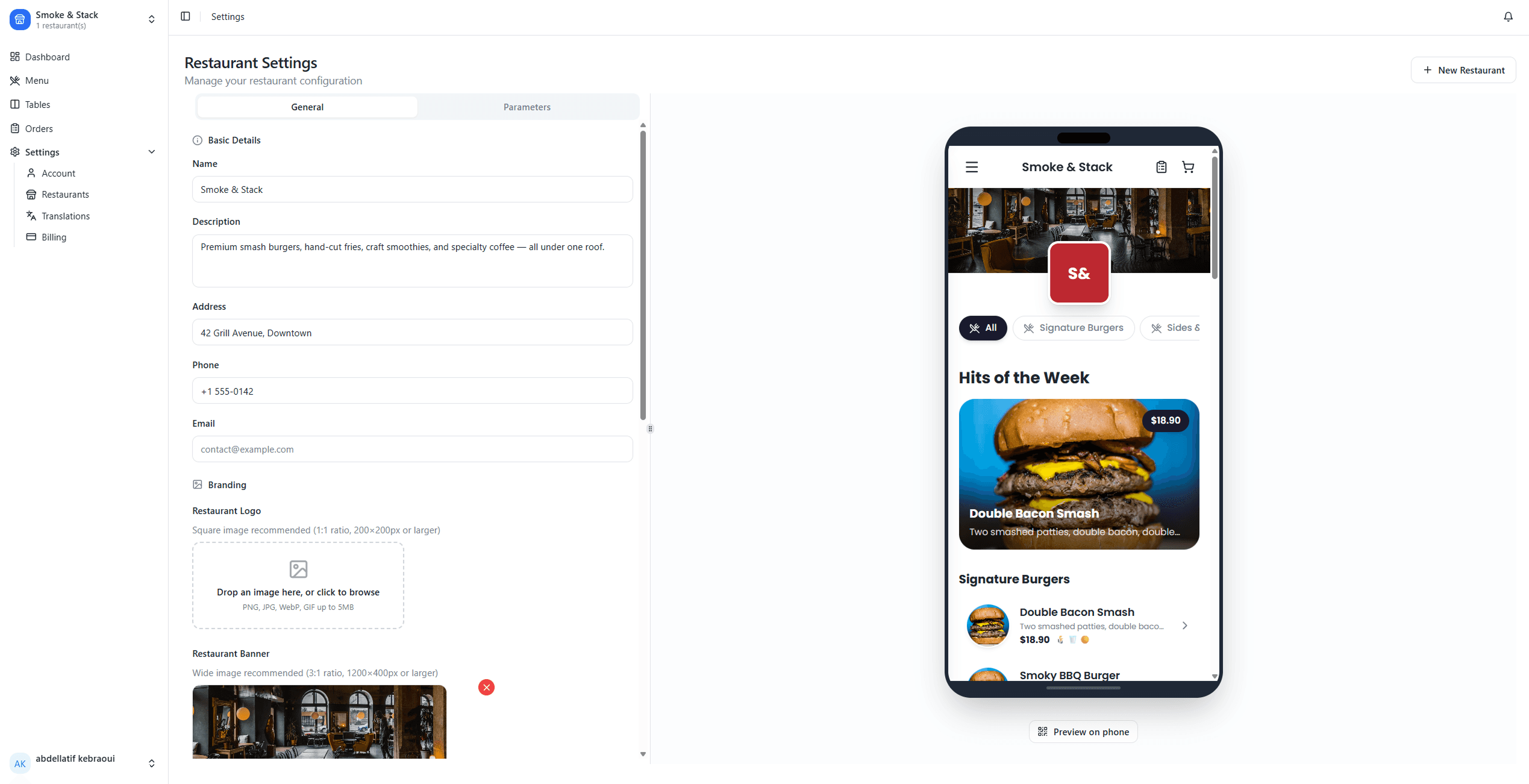 Orders dashboard with status filters, order cards, and status actions