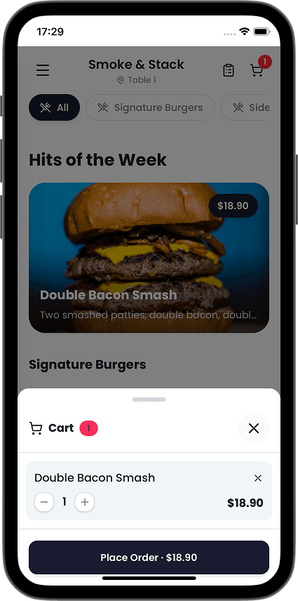 Cart drawer with item quantity controls and place order button