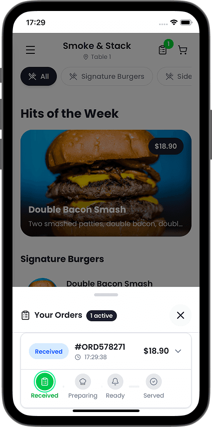 Active order tracker showing order status from received to served