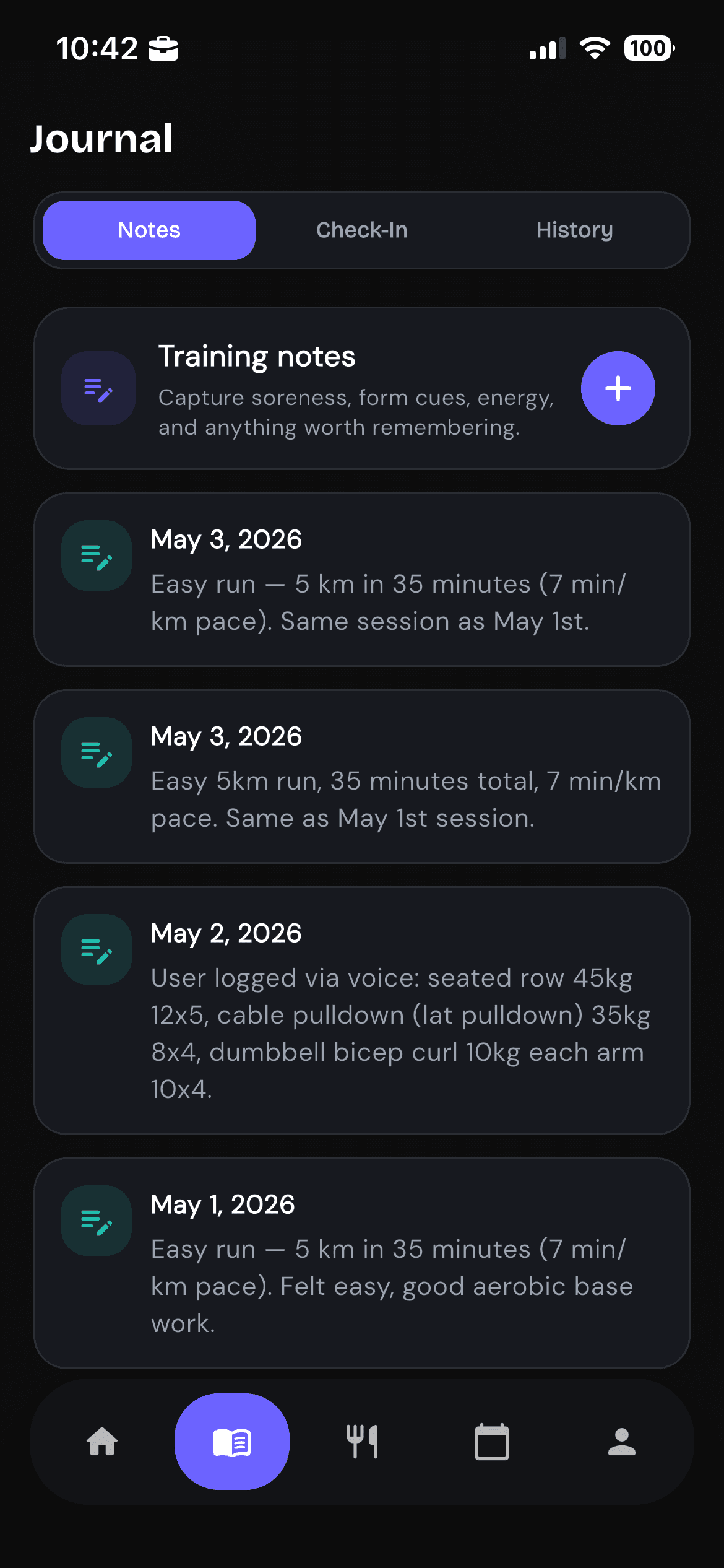 Trainerrr journal notes view with training notes and dated workout entries