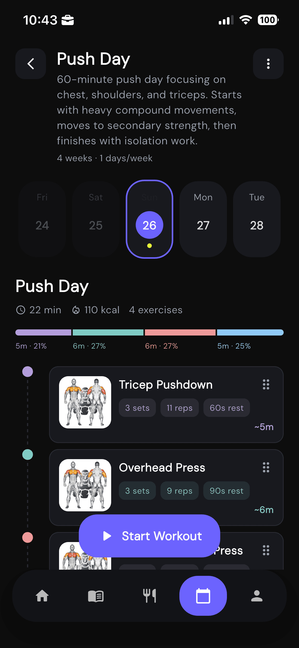 Trainerrr workout planning screen for a push day with scheduled exercises and start workout button