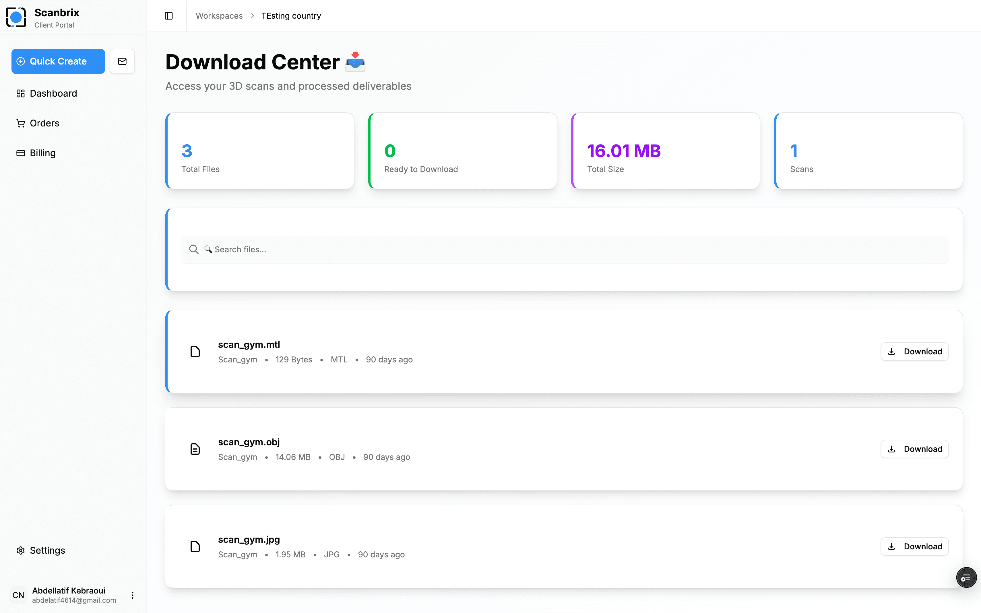 Client download center for 3D scan deliverables