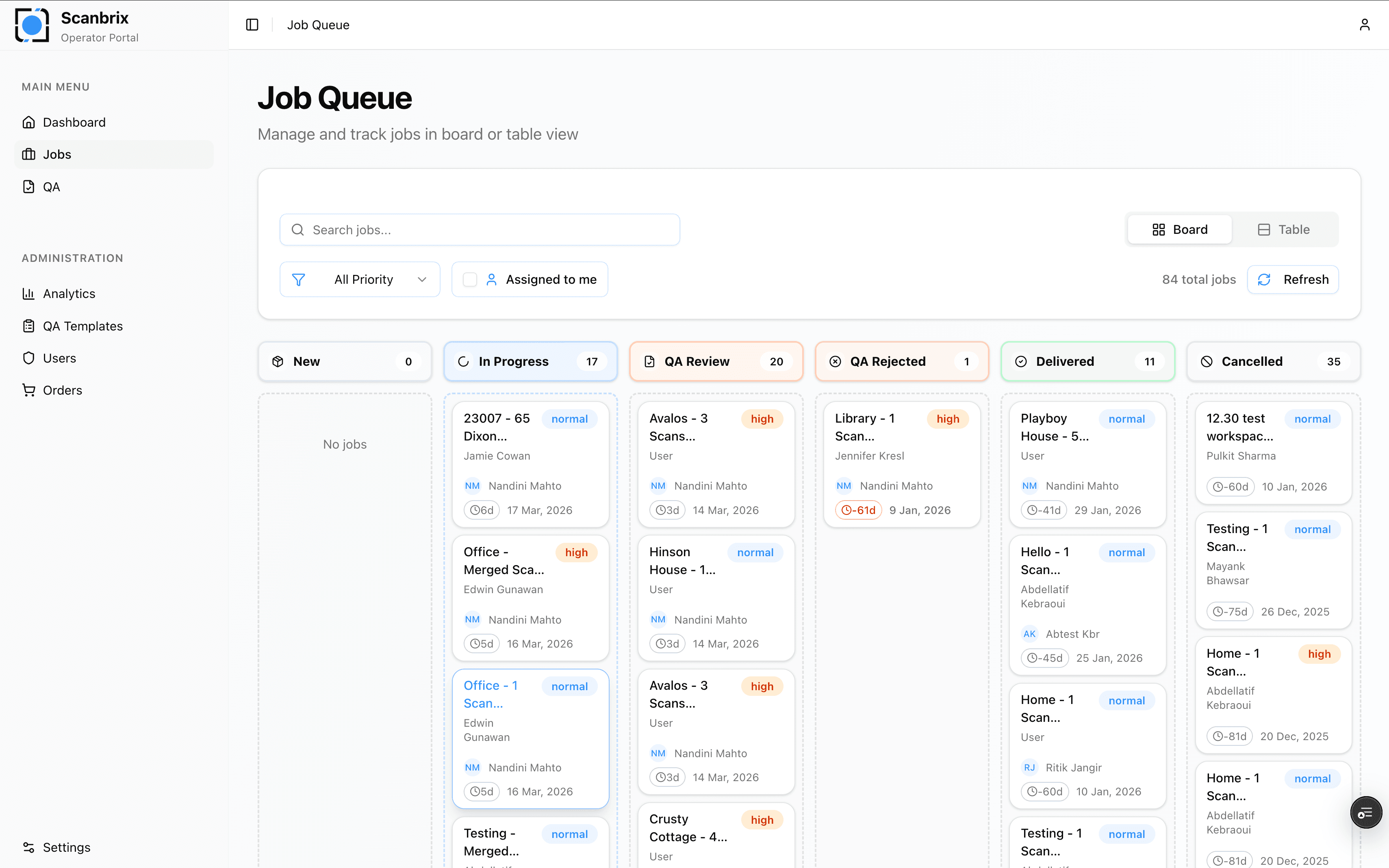 Operator portal with job queue board view and status columns