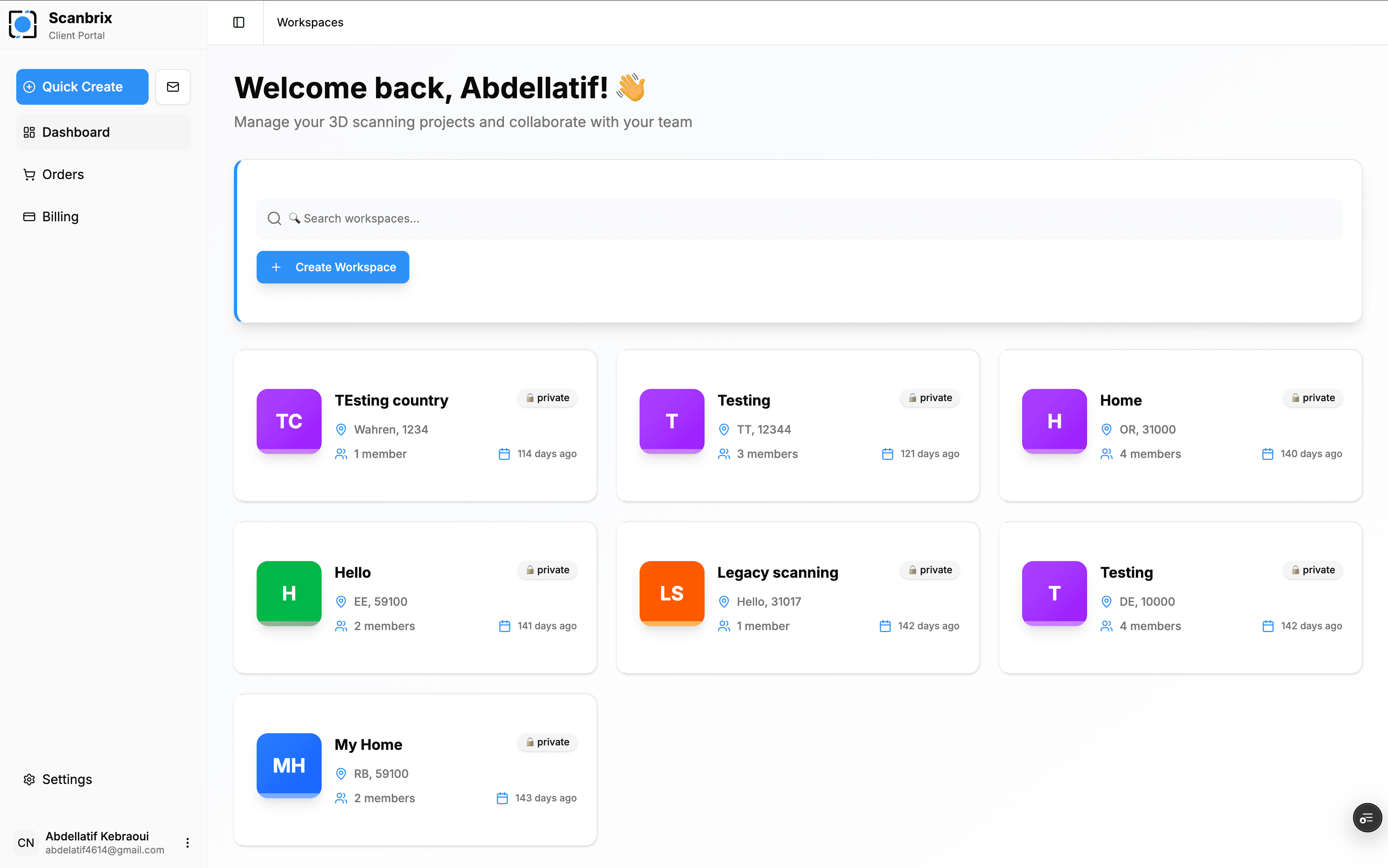 Client portal with workspace management and project cards