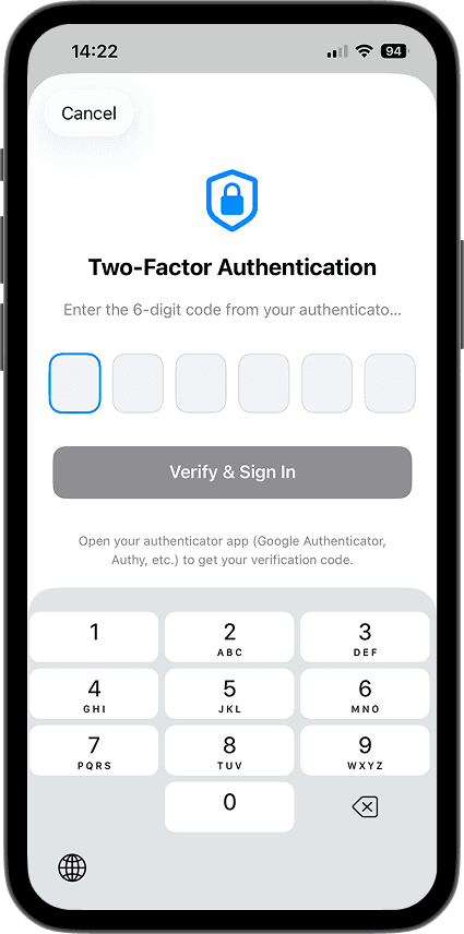 iOS login screen with email, Google, and Apple sign-in
