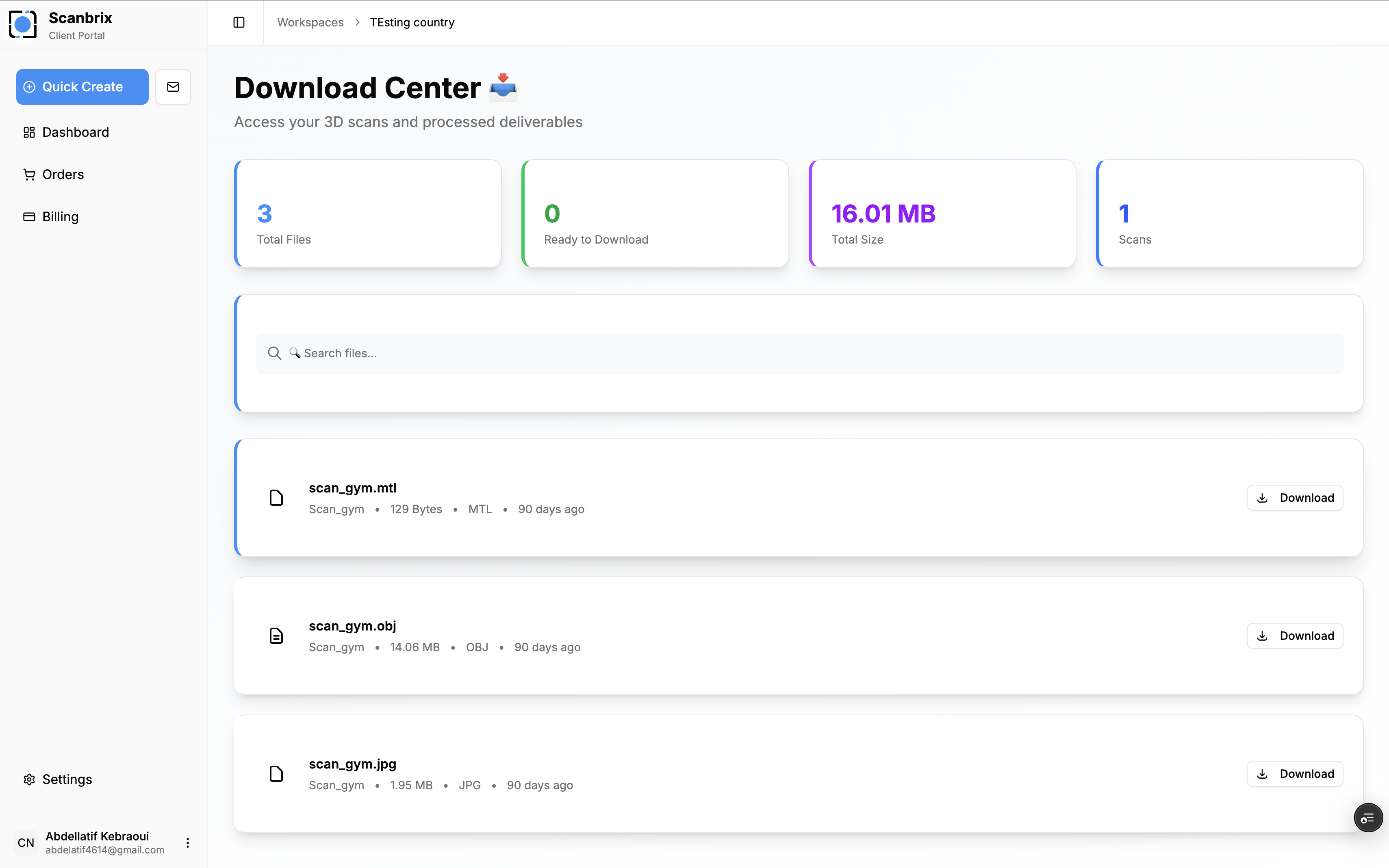 Client download center for 3D scan deliverables