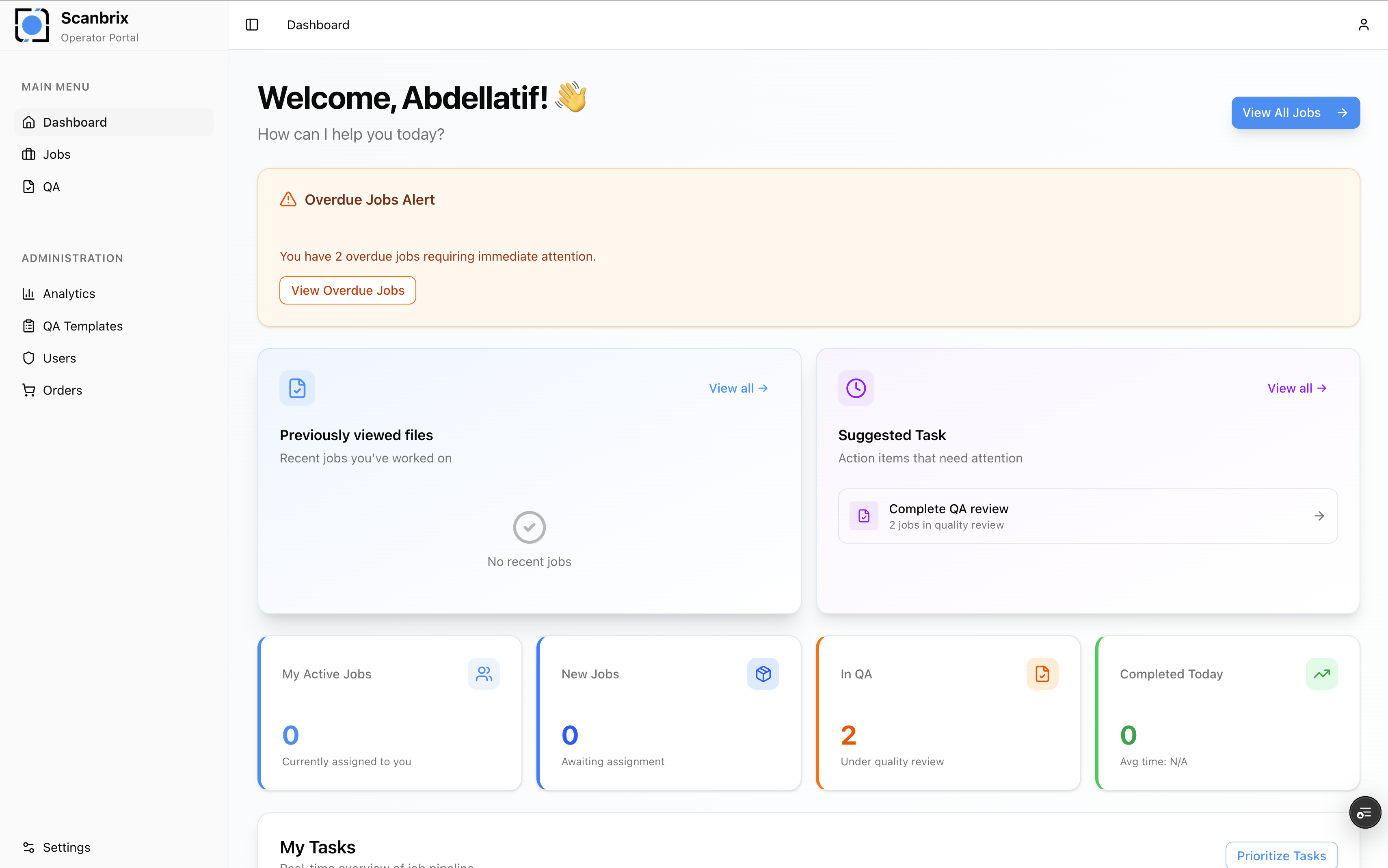 Operator dashboard with active jobs, QA stats, and suggested tasks