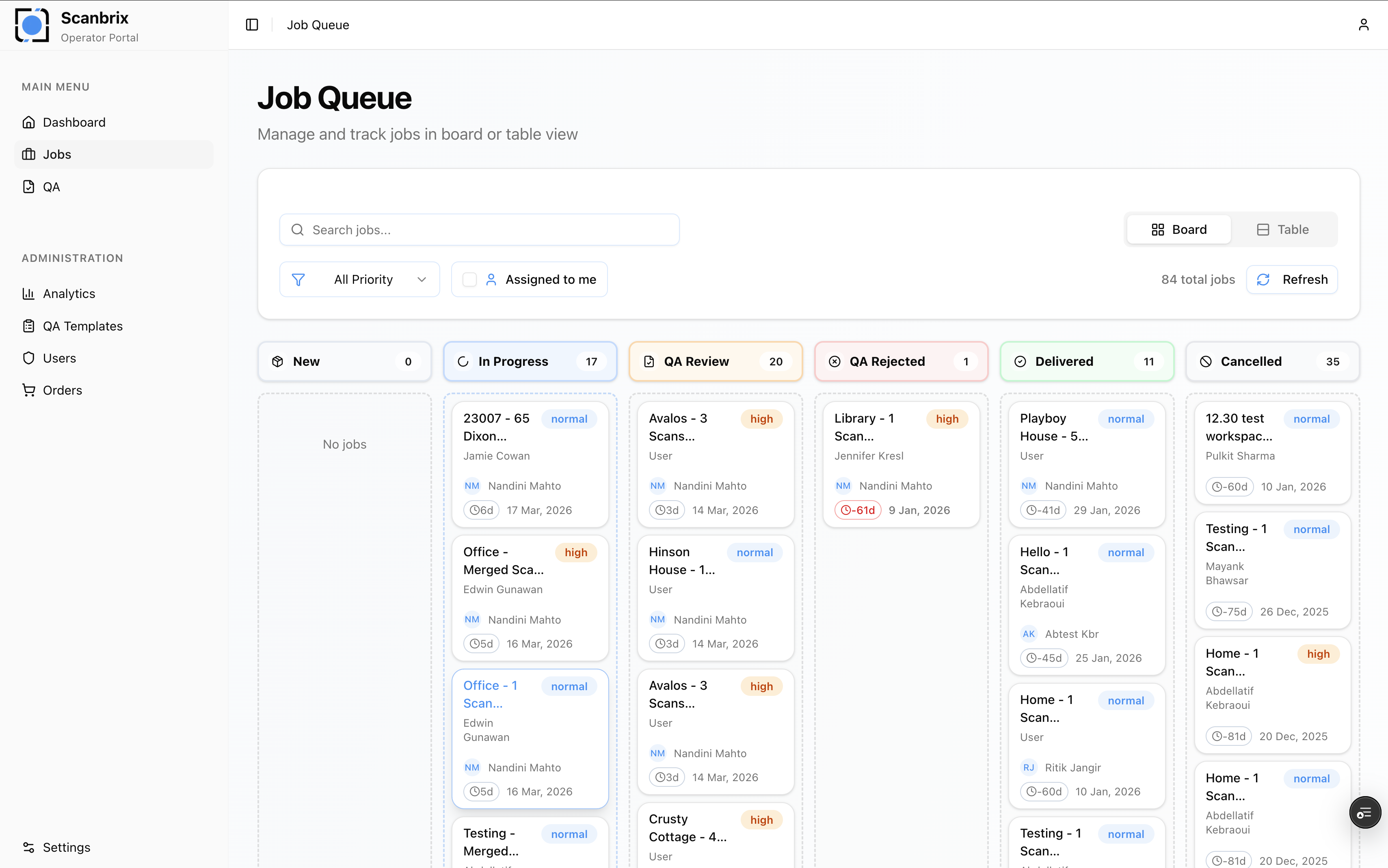 Operator portal with job queue board view and status columns