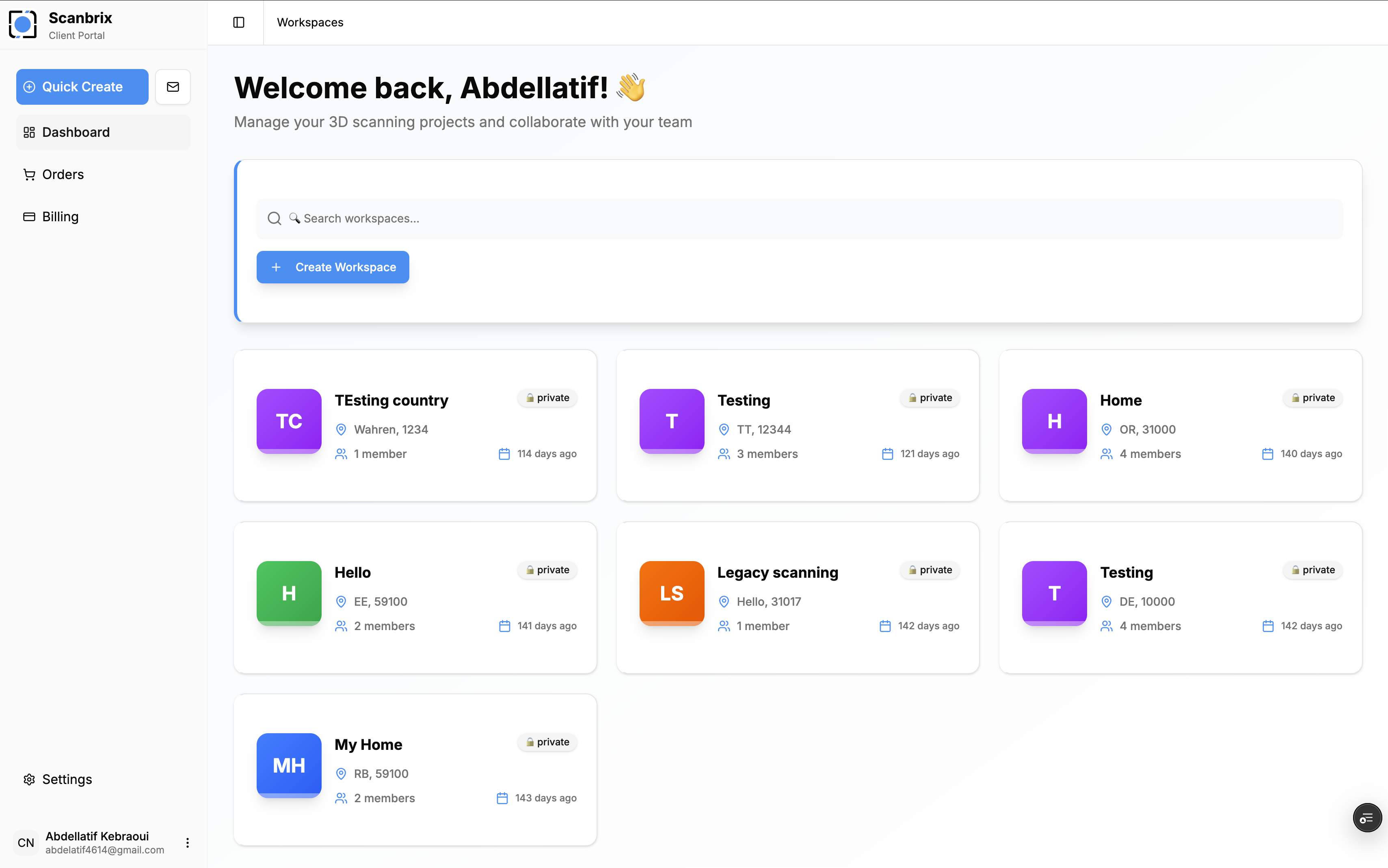 Client portal with workspace management and project cards