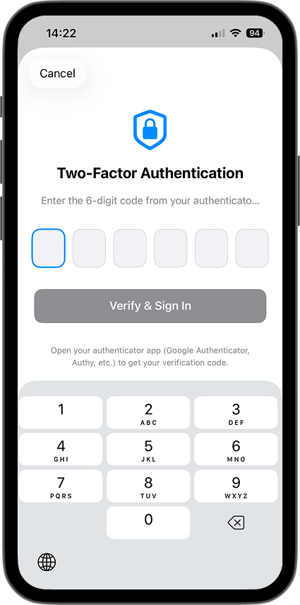 iOS login screen with email, Google, and Apple sign-in